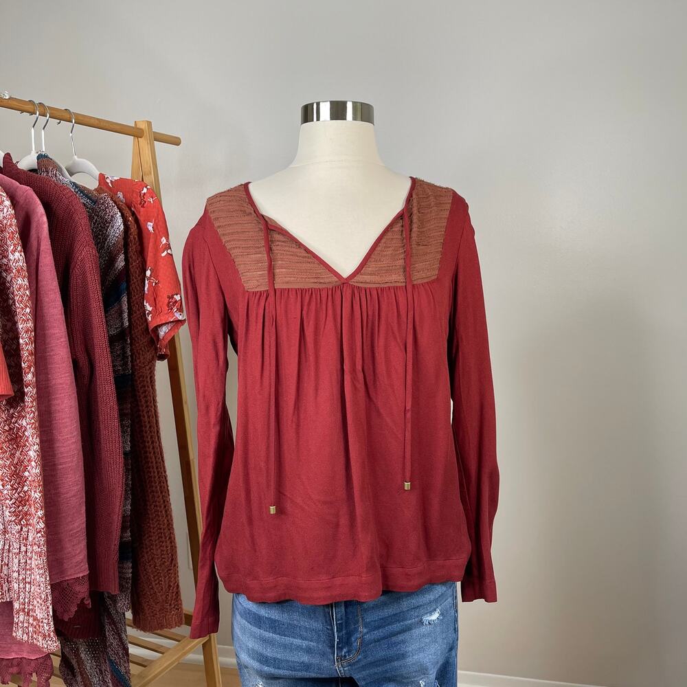 Ella Moss • Boho Peasant Red Blouse Tie Neck